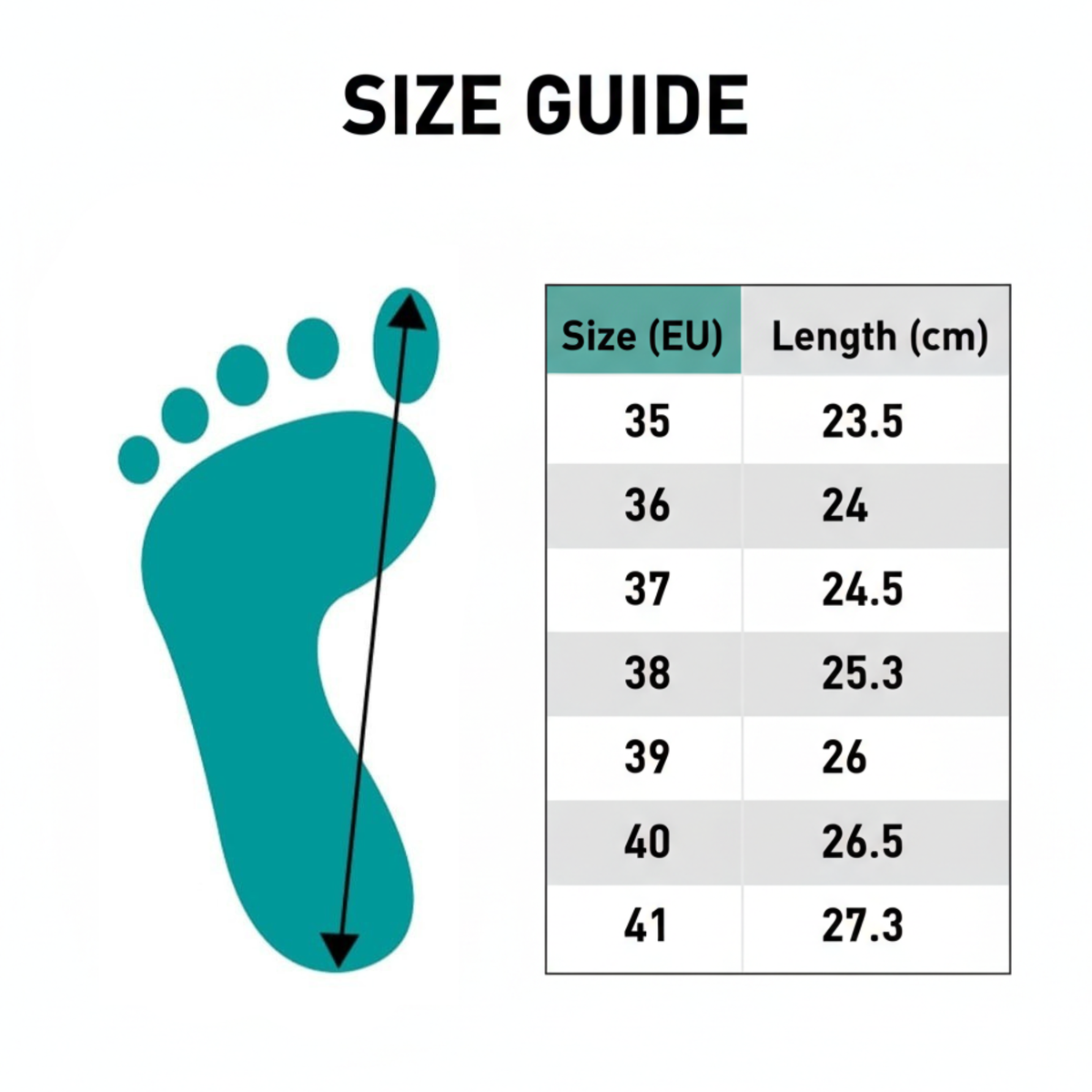 Mono tango shoe size guide: a foot-length diagram alongside an EU size to centimeter conversion chart, sizes 35 to 41 (23.5cm to 27.3cm).