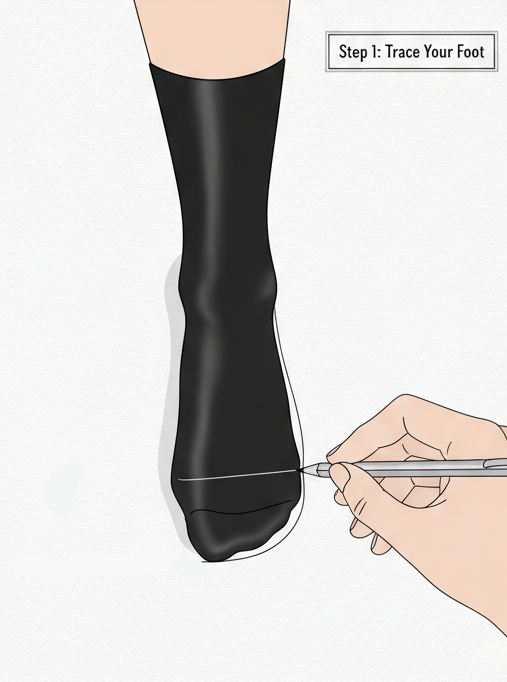 Illustration of a hand tracing a foot outline on paper with a marker held perpendicular to the page, the first step in taking measurements for a custom Mono tango shoe order.