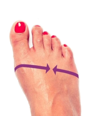 Foot photo with a purple arrow marking the widest part of the forefoot, illustrating how to measure metatarsal circumference for a custom Mono tango shoe.
