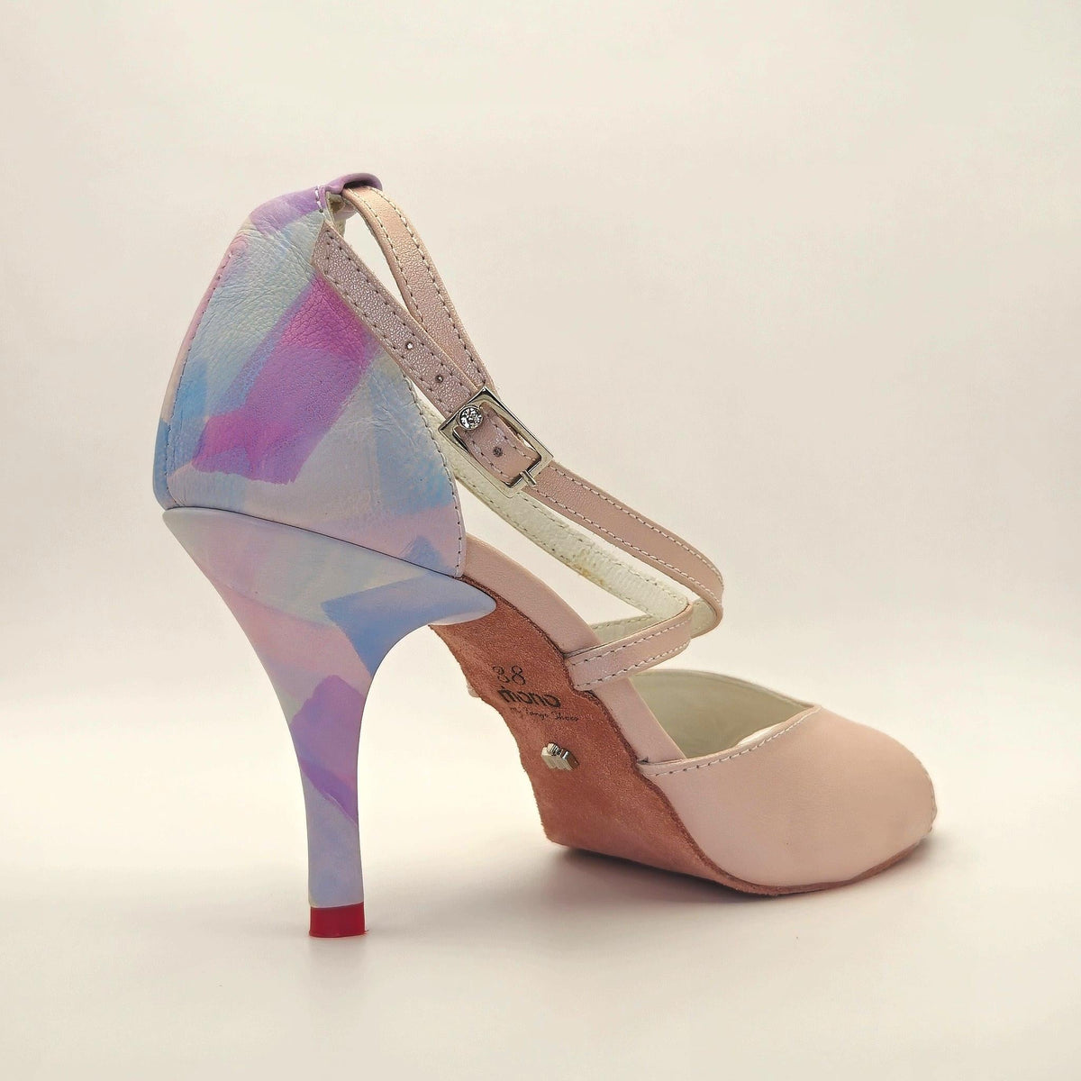 Rear three-quarter view of Mono Pastel Daydream women's tango heel showing the pastel marbled heel and insole detail.